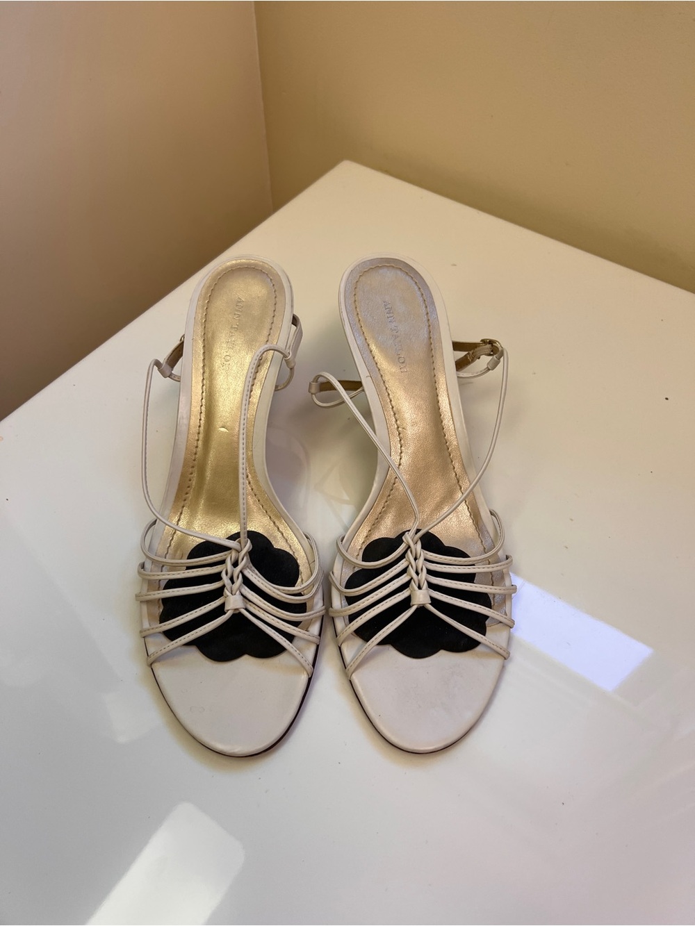 Ann Taylor Cream Strappy Open-Toe Heels with Black Accent